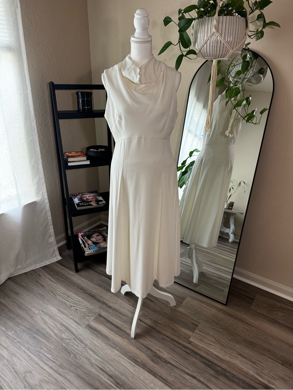 Donna Karan Ivory Cowl Neck Midi Dress